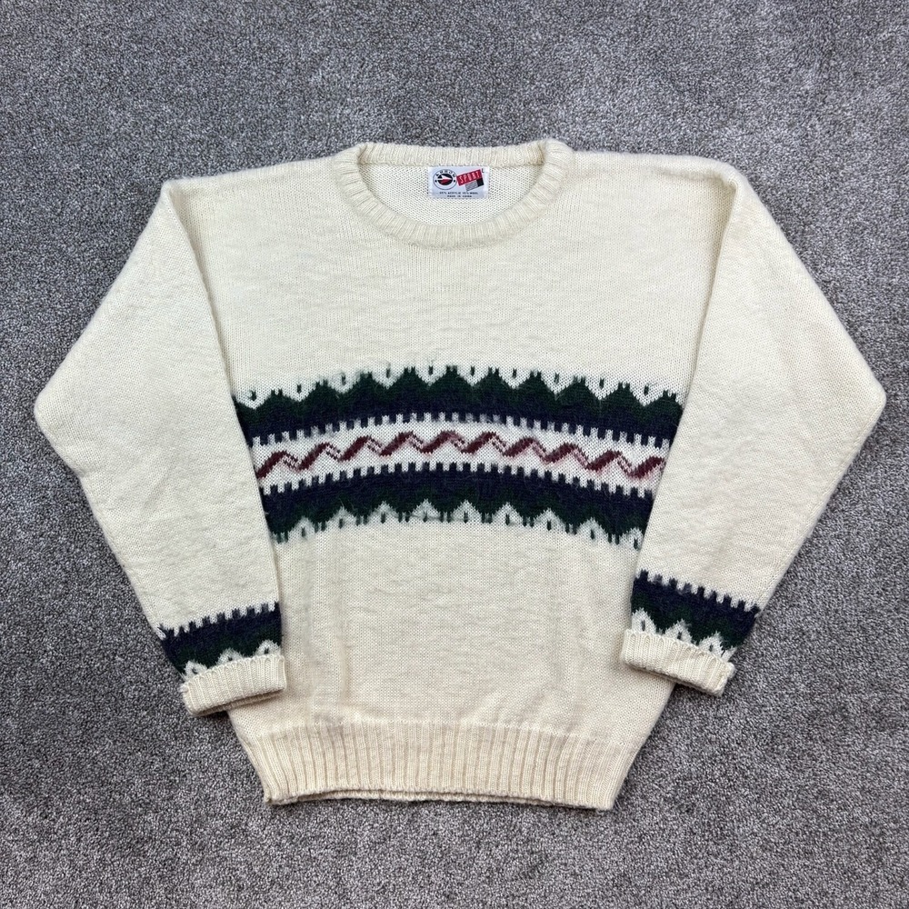 Vintage Arrow Sport Sweater Mens Large White Knit Wool Blend Geometric Striped